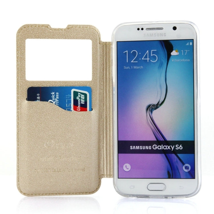 For Galaxy S6 / G920 UFO Horizontal Flip Orange Peel TPU PU Leather Case with Call Display & Holder & Card Slot & Wallet