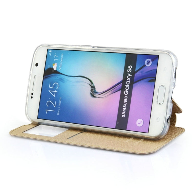 For Galaxy S6 / G920 UFO Horizontal Flip Orange Peel TPU PU Leather Case with Call Display & Holder & Card Slot & Wallet