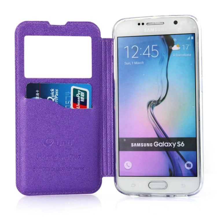 For Galaxy S6 / G920 UFO Horizontal Flip Orange Peel TPU PU Leather Case with Call Display & Holder & Card Slot & Wallet
