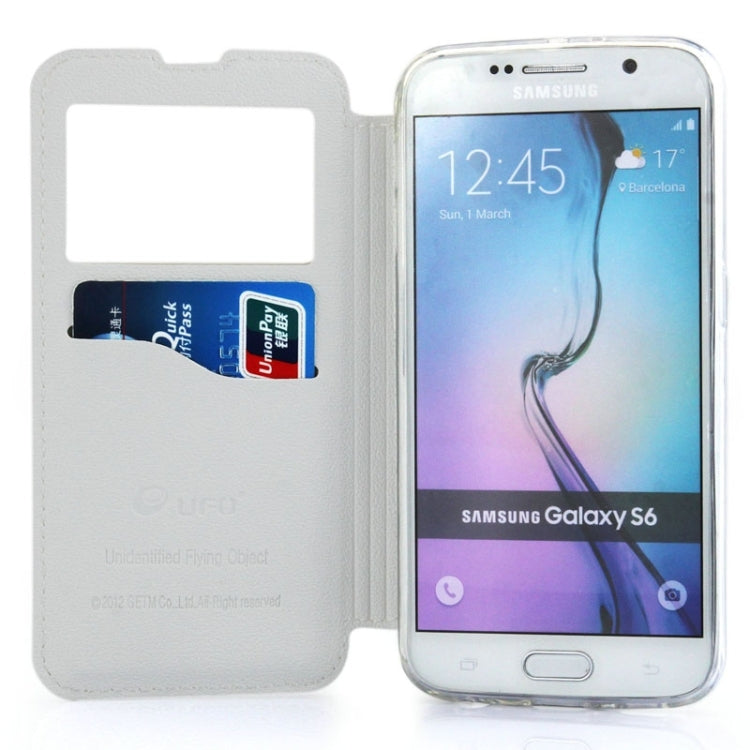 For Galaxy S6 / G920 UFO Horizontal Flip Orange Peel TPU PU Leather Case with Call Display & Holder & Card Slot & Wallet