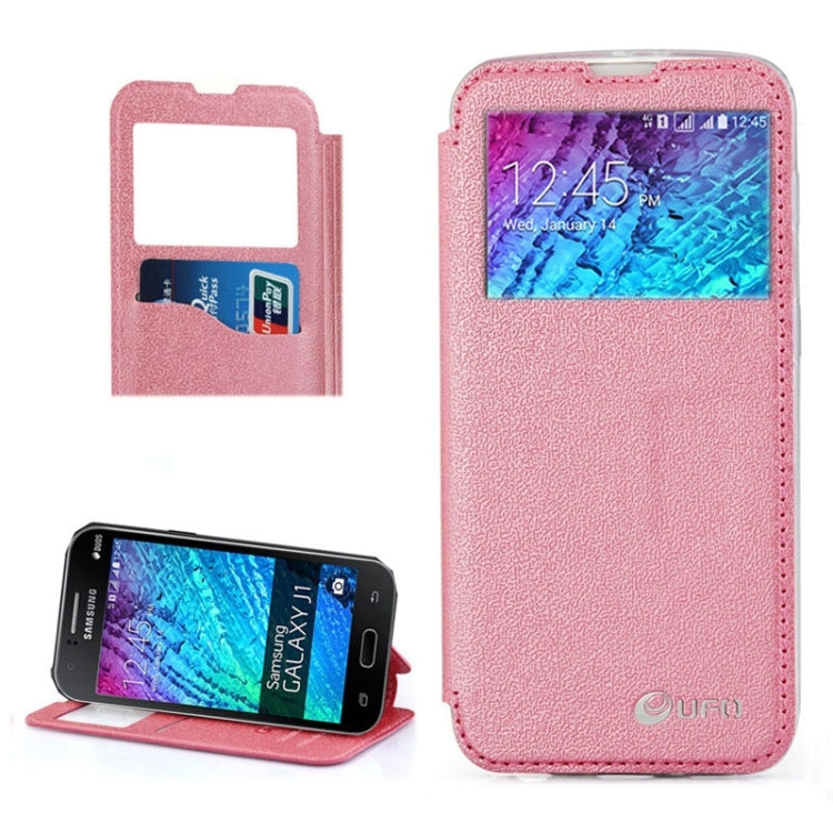 UFO Horizontal Flip Orange Peel TPU PU Leather Case with Call Display & Holder & Card Slot & Wallet for Galaxy J1