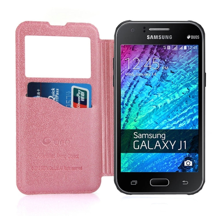 UFO Horizontal Flip Orange Peel TPU PU Leather Case with Call Display & Holder & Card Slot & Wallet for Galaxy J1