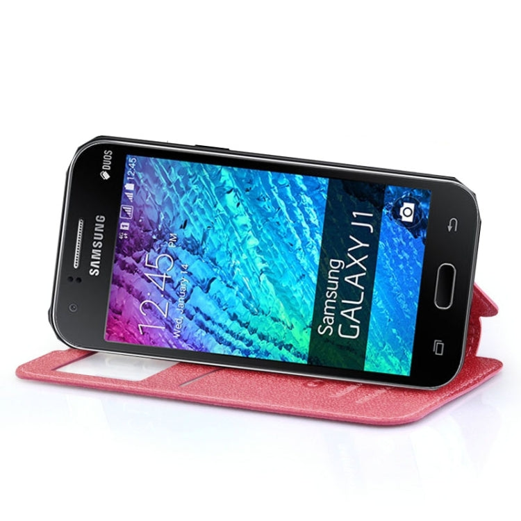 UFO Horizontal Flip Orange Peel TPU PU Leather Case with Call Display & Holder & Card Slot & Wallet for Galaxy J1