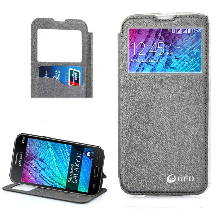 UFO Horizontal Flip Orange Peel TPU PU Leather Case with Call Display & Holder & Card Slot & Wallet for Galaxy J1