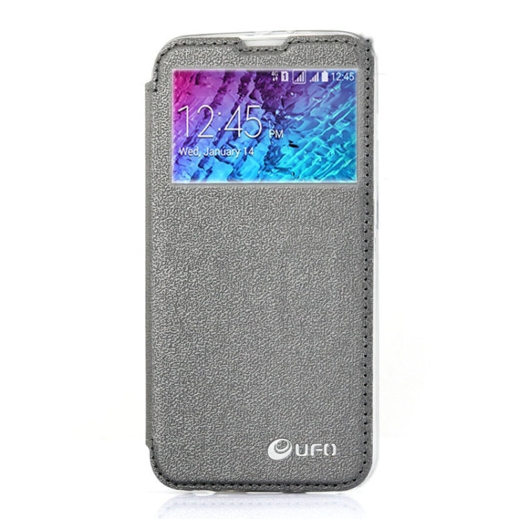 UFO Horizontal Flip Orange Peel TPU PU Leather Case with Call Display & Holder & Card Slot & Wallet for Galaxy J1