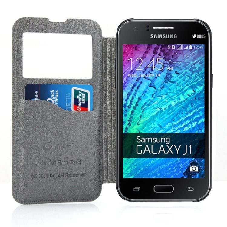 UFO Horizontal Flip Orange Peel TPU PU Leather Case with Call Display & Holder & Card Slot & Wallet for Galaxy J1