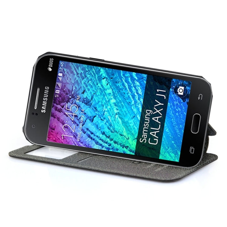 UFO Horizontal Flip Orange Peel TPU PU Leather Case with Call Display & Holder & Card Slot & Wallet for Galaxy J1
