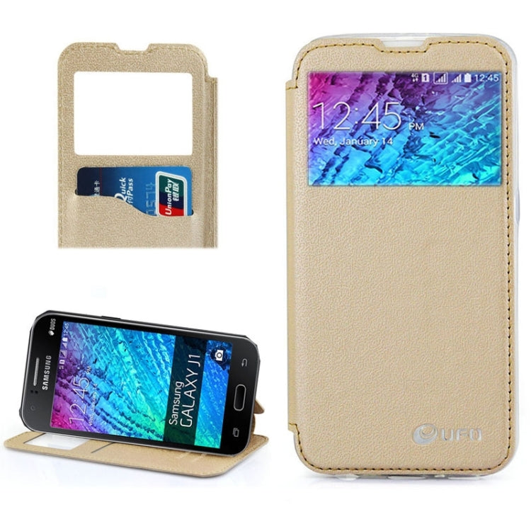 UFO Horizontal Flip Orange Peel TPU PU Leather Case with Call Display & Holder & Card Slot & Wallet for Galaxy J1