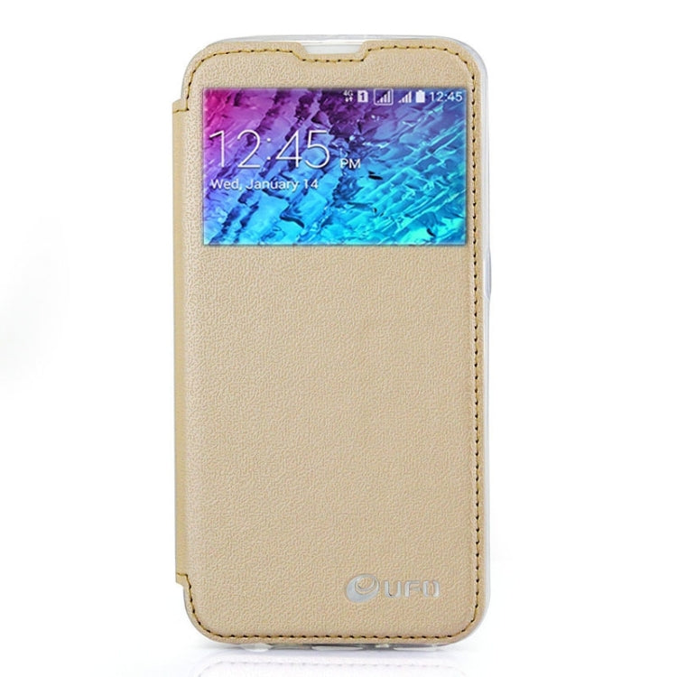 UFO Horizontal Flip Orange Peel TPU PU Leather Case with Call Display & Holder & Card Slot & Wallet for Galaxy J1