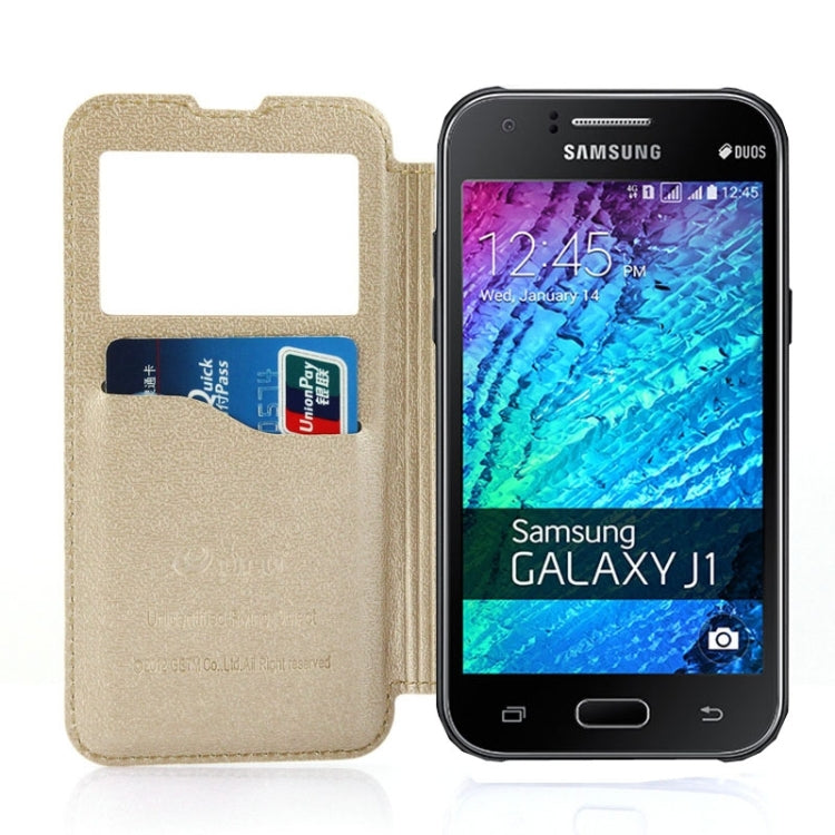 UFO Horizontal Flip Orange Peel TPU PU Leather Case with Call Display & Holder & Card Slot & Wallet for Galaxy J1