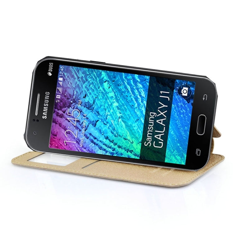 UFO Horizontal Flip Orange Peel TPU PU Leather Case with Call Display & Holder & Card Slot & Wallet for Galaxy J1