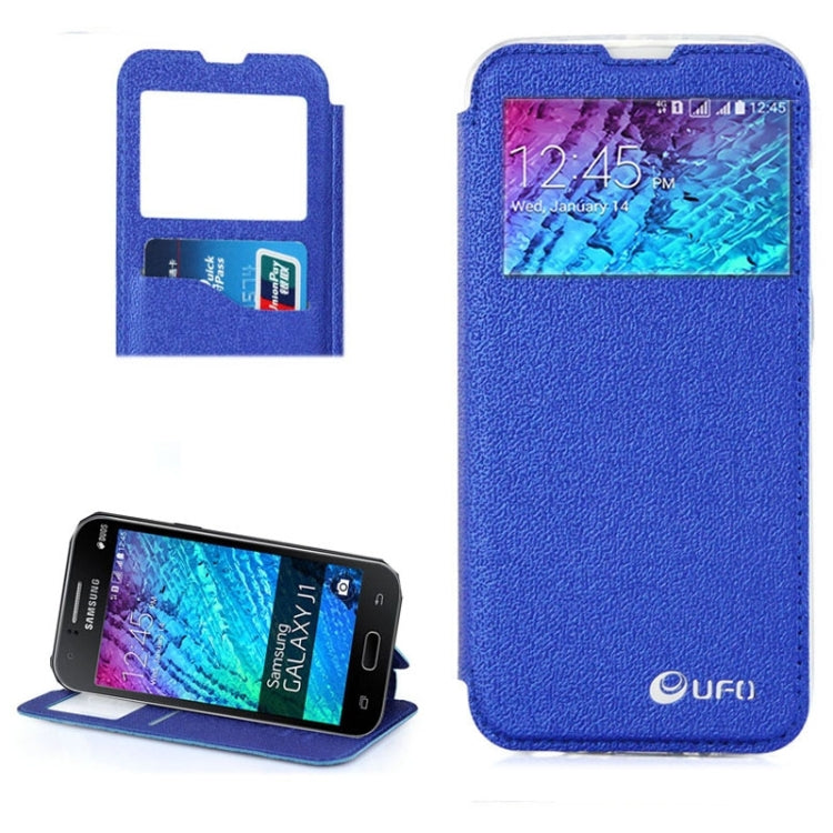UFO Horizontal Flip Orange Peel TPU PU Leather Case with Call Display & Holder & Card Slot & Wallet for Galaxy J1
