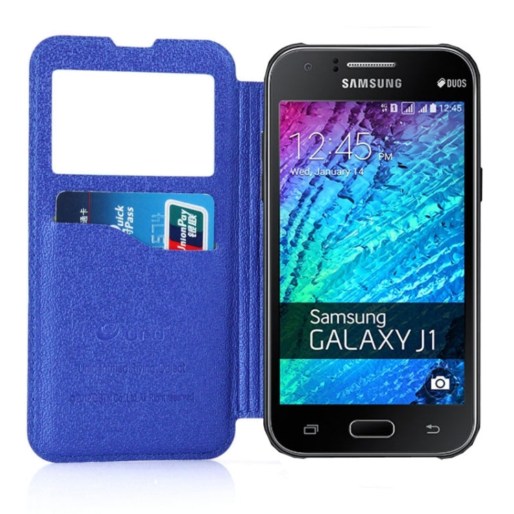 UFO Horizontal Flip Orange Peel TPU PU Leather Case with Call Display & Holder & Card Slot & Wallet for Galaxy J1