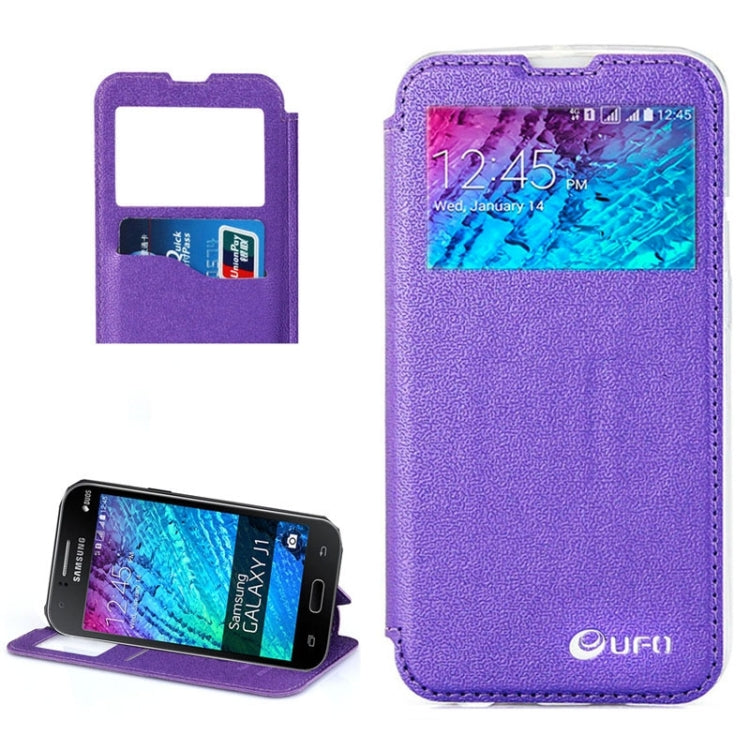 UFO Horizontal Flip Orange Peel TPU PU Leather Case with Call Display & Holder & Card Slot & Wallet for Galaxy J1