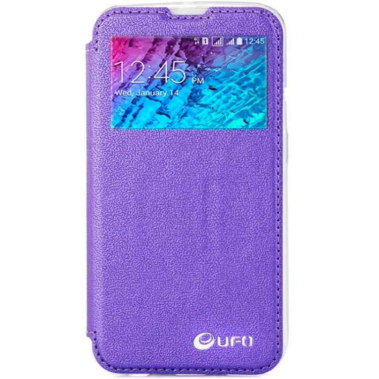 UFO Horizontal Flip Orange Peel TPU PU Leather Case with Call Display & Holder & Card Slot & Wallet for Galaxy J1