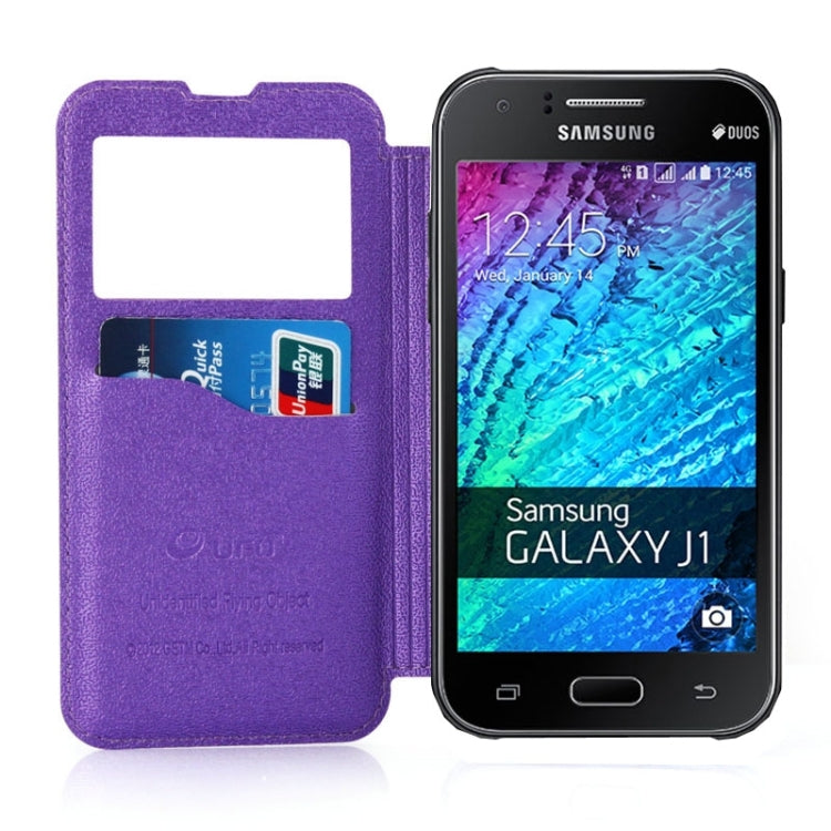 UFO Horizontal Flip Orange Peel TPU PU Leather Case with Call Display & Holder & Card Slot & Wallet for Galaxy J1
