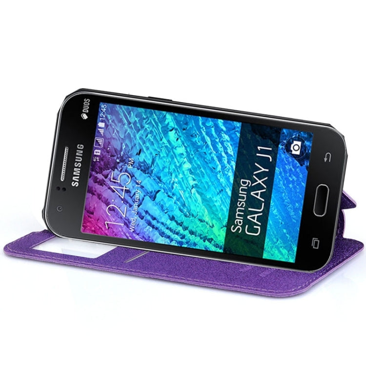 UFO Horizontal Flip Orange Peel TPU PU Leather Case with Call Display & Holder & Card Slot & Wallet for Galaxy J1