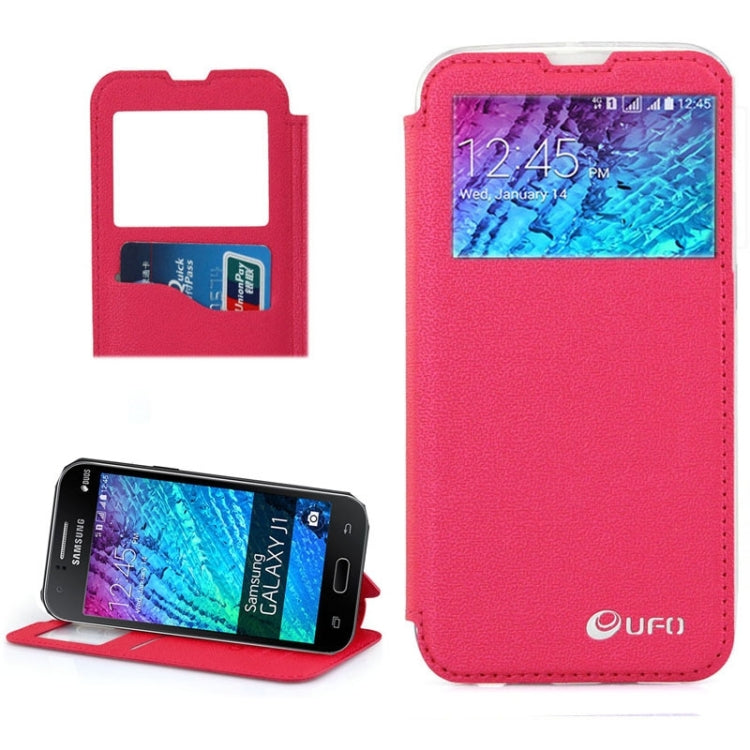 UFO Horizontal Flip Orange Peel TPU PU Leather Case with Call Display & Holder & Card Slot & Wallet for Galaxy J1