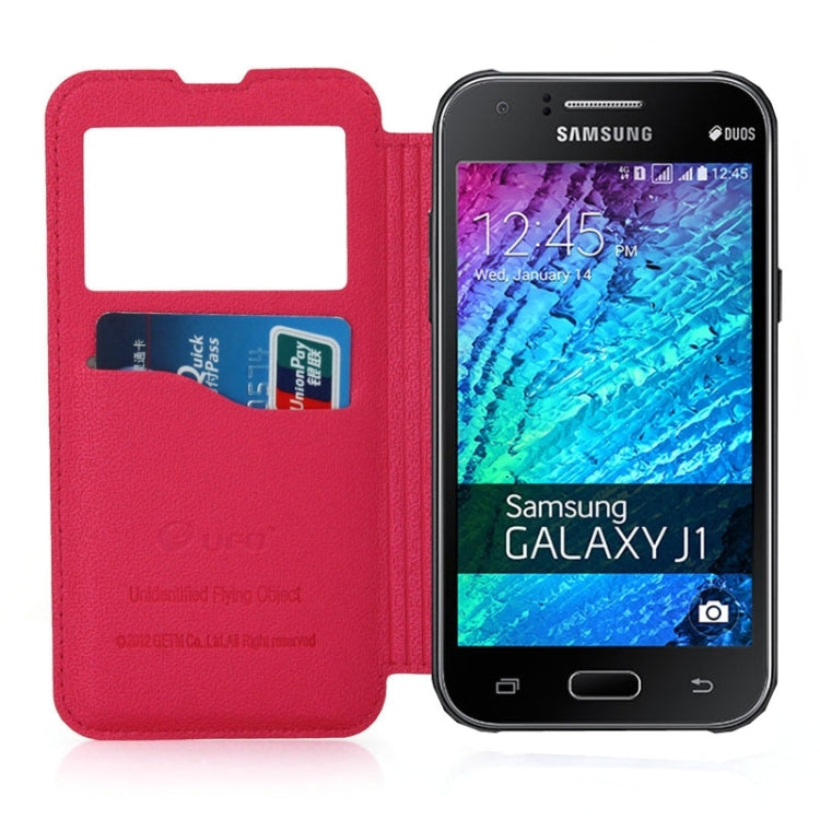 UFO Horizontal Flip Orange Peel TPU PU Leather Case with Call Display & Holder & Card Slot & Wallet for Galaxy J1