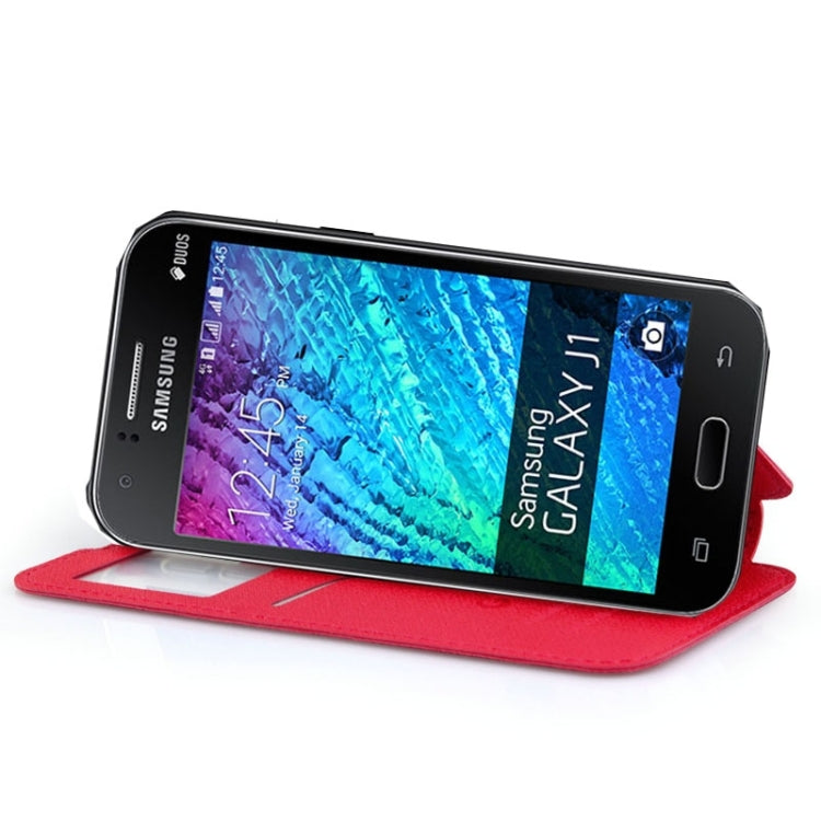 UFO Horizontal Flip Orange Peel TPU PU Leather Case with Call Display & Holder & Card Slot & Wallet for Galaxy J1