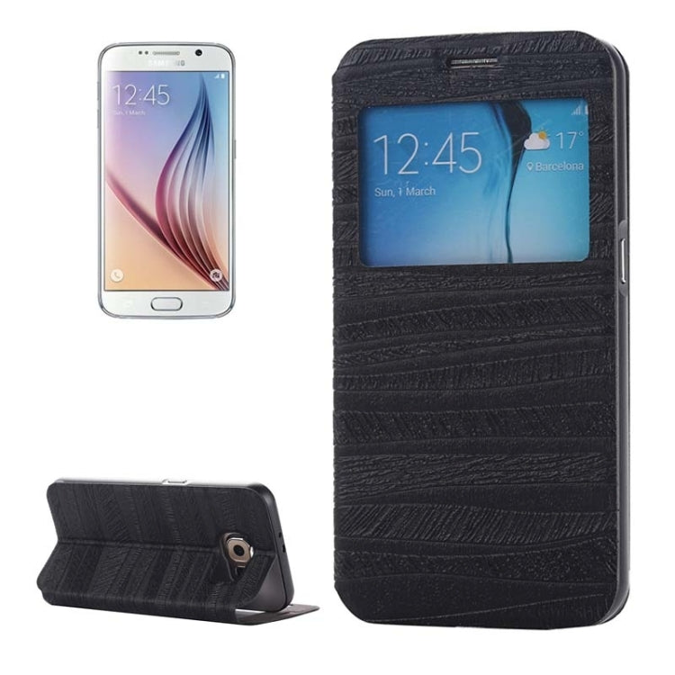 For Galaxy S6 / G920 Stripe Pattern PU Leather + Acrylic Combination Case with Aluminum Bumper Frame & Holder & Caller ID Display