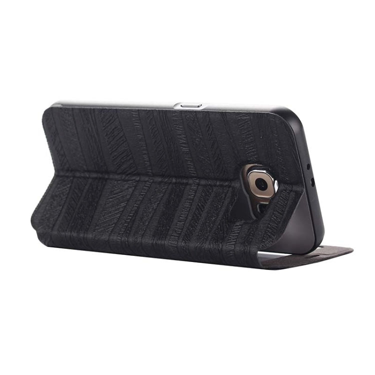 For Galaxy S6 / G920 Stripe Pattern PU Leather + Acrylic Combination Case with Aluminum Bumper Frame & Holder & Caller ID Display