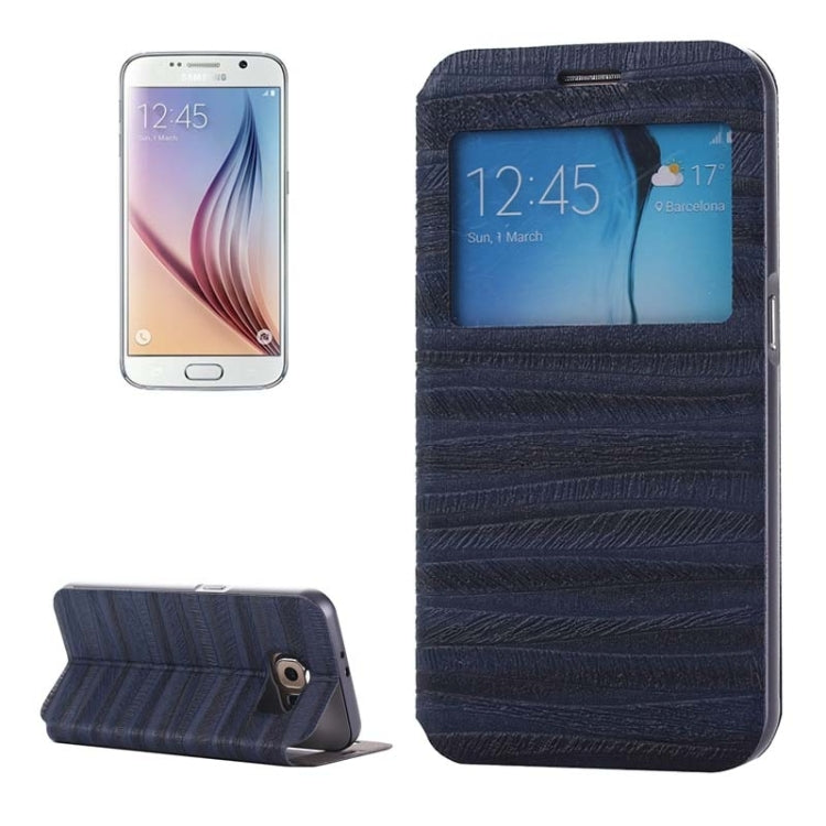 For Galaxy S6 / G920 Stripe Pattern PU Leather + Acrylic Combination Case with Aluminum Bumper Frame & Holder & Caller ID Display