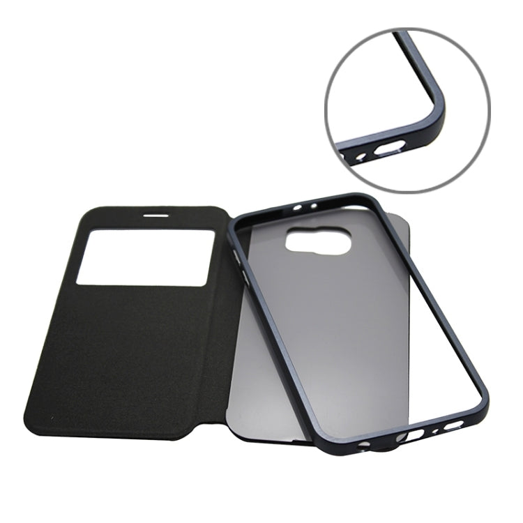 For Galaxy S6 / G920 Stripe Pattern PU Leather + Acrylic Combination Case with Aluminum Bumper Frame & Holder & Caller ID Display