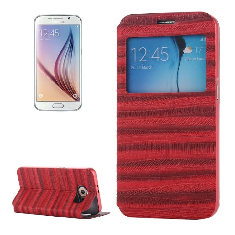 For Galaxy S6 / G920 Stripe Pattern PU Leather + Acrylic Combination Case with Aluminum Bumper Frame & Holder & Caller ID Display