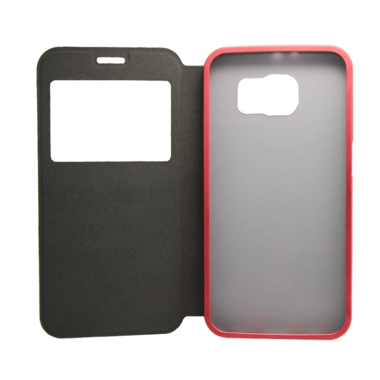 For Galaxy S6 / G920 Stripe Pattern PU Leather + Acrylic Combination Case with Aluminum Bumper Frame & Holder & Caller ID Display