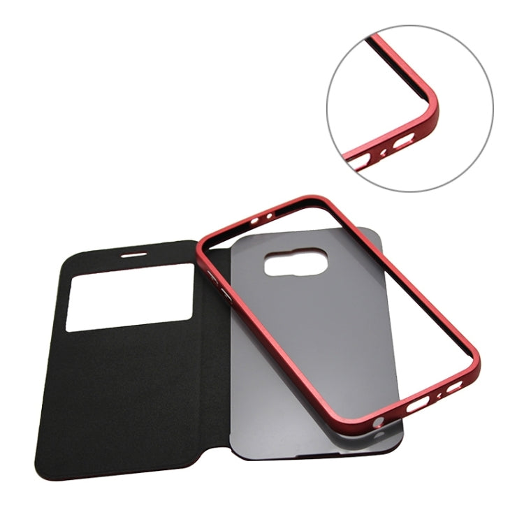 For Galaxy S6 / G920 Stripe Pattern PU Leather + Acrylic Combination Case with Aluminum Bumper Frame & Holder & Caller ID Display