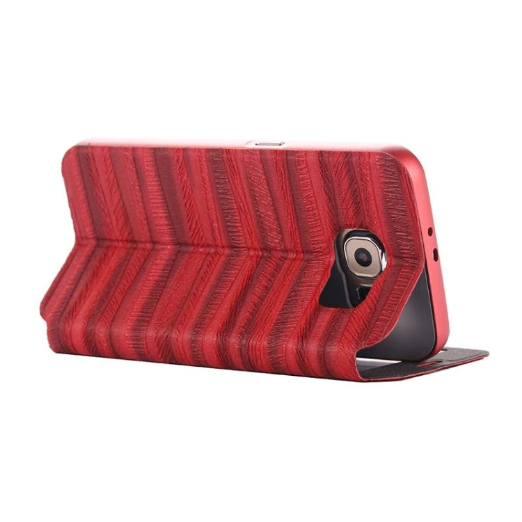For Galaxy S6 / G920 Stripe Pattern PU Leather + Acrylic Combination Case with Aluminum Bumper Frame & Holder & Caller ID Display