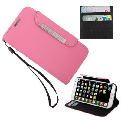 Pure Color Horizontal Flip Leather Case with Sleep / Wake-up Function & Credit Card Slots & Holder & Lanyard for Galaxy S IV / i9500(Pink)