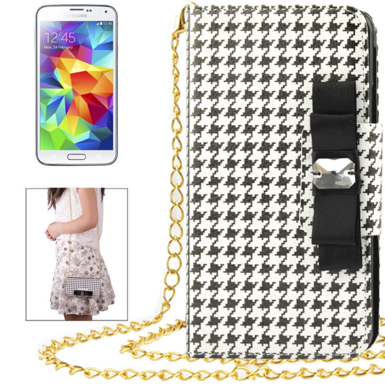 Plaid Pattern Crystal Bowknot Button Flip Leather Case with Card Slots & Lanyards for Galaxy S5 / G900