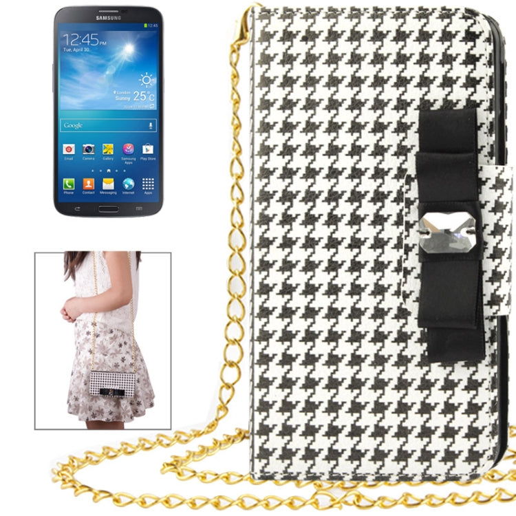 Plaid Pattern Crystal Bowknot Button Flip Leather Case with Card Slots & Lanyards for Galaxy S IV / i9500
