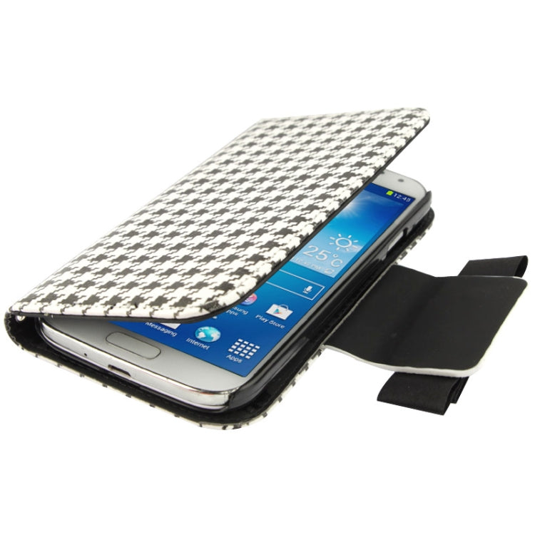 Plaid Pattern Crystal Bowknot Button Flip Leather Case with Card Slots & Lanyards for Galaxy S IV / i9500