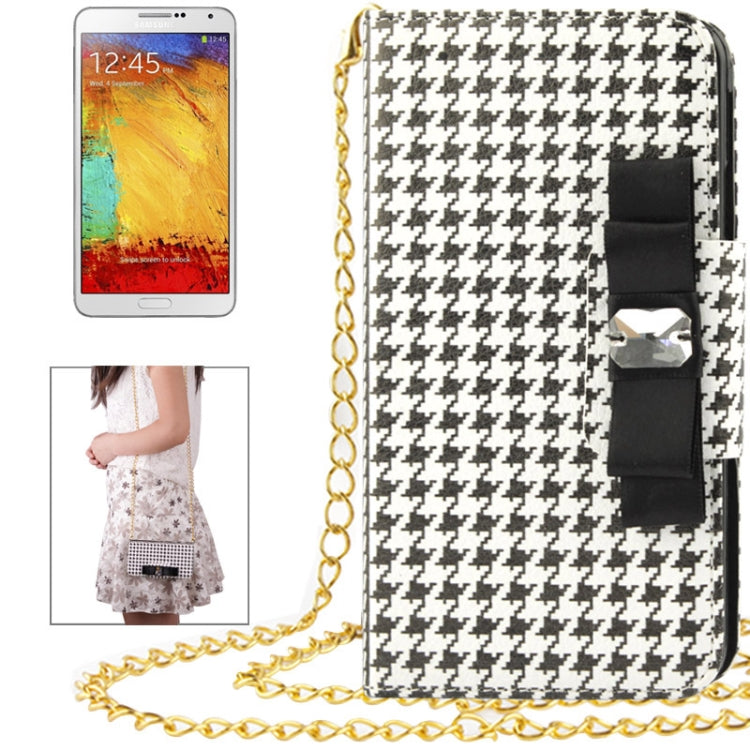 Plaid Pattern Crystal Bowknot Button Flip Leather Case with Card Slots & Lanyards for Galaxy Note III / N900