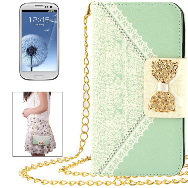 Flower Pattern Bowknot Button Flip Leather Case with Card Slots & Lanyards for Galaxy S III / i9300