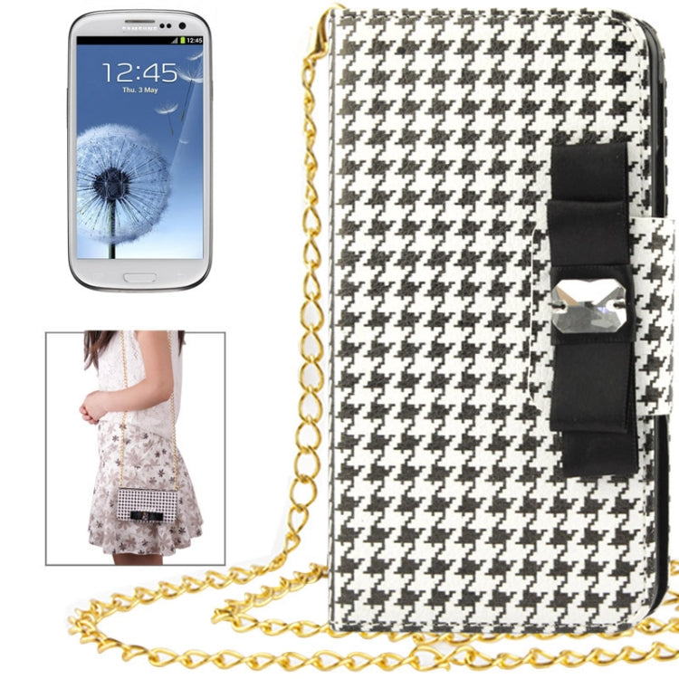 Plaid Pattern Crystal Bowknot Button Flip Leather Case with Card Slots & Lanyards for Galaxy S III / i9300