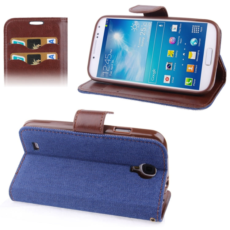 Denim Texture Horizontal Flip Leather Case with Credit Card Slots & Holder for Galaxy SIV / i9500(Dark Blue)