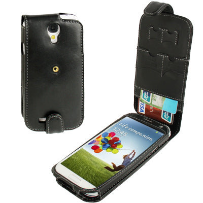 Pure Color Vertical Flip Soft Genuine Leather Case with Credit Card Slots for Galaxy S IV / i9500(Black)