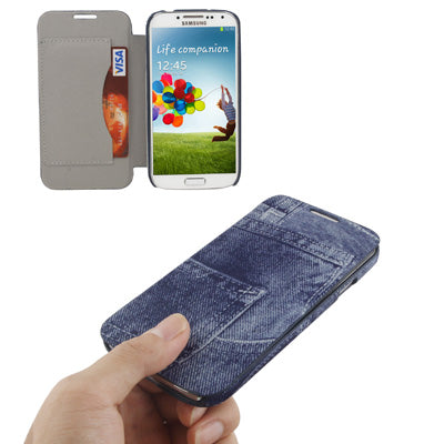Jeans Style Flip Leather Case with Sleep / Wake-up Function & Credit Card Slot for Galaxy S IV / i9500(Dark Blue)
