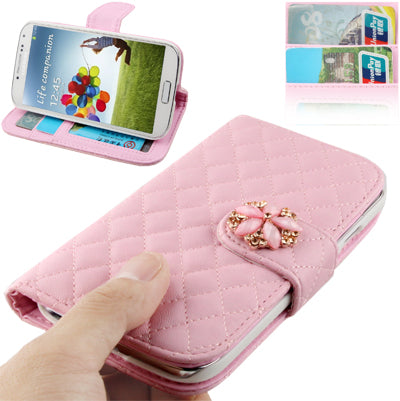 Plaid Texture Diamond Encrusted  Flower Button Flip Soft Leather Case with Credit Card Slots & Holder for Galaxy S IV / i9500