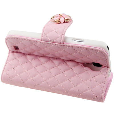 Plaid Texture Diamond Encrusted  Flower Button Flip Soft Leather Case with Credit Card Slots & Holder for Galaxy S IV / i9500