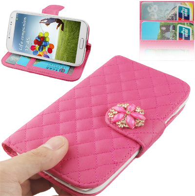 Plaid Texture Diamond Encrusted  Flower Button Flip Soft Leather Case with Credit Card Slots & Holder for Galaxy S IV / i9500