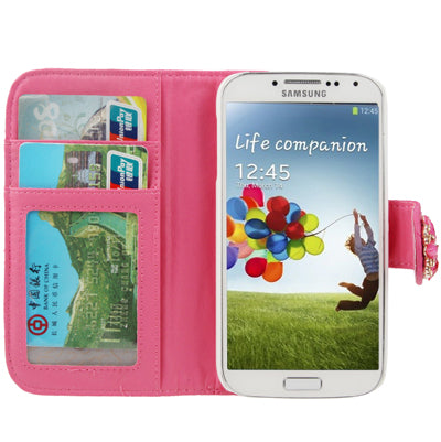 Plaid Texture Diamond Encrusted  Flower Button Flip Soft Leather Case with Credit Card Slots & Holder for Galaxy S IV / i9500