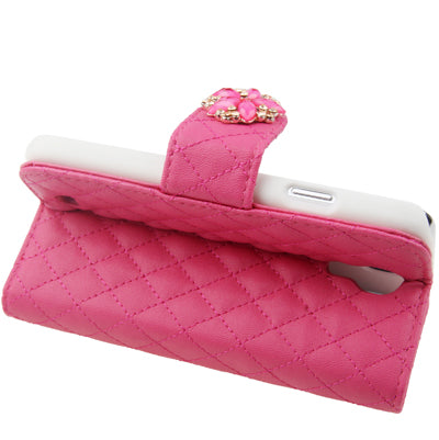 Plaid Texture Diamond Encrusted  Flower Button Flip Soft Leather Case with Credit Card Slots & Holder for Galaxy S IV / i9500