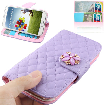 Plaid Texture Diamond Encrusted  Flower Button Flip Soft Leather Case with Credit Card Slots & Holder for Galaxy S IV / i9500