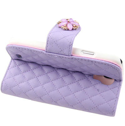 Plaid Texture Diamond Encrusted  Flower Button Flip Soft Leather Case with Credit Card Slots & Holder for Galaxy S IV / i9500