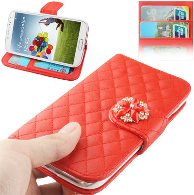 Plaid Texture Diamond Encrusted  Flower Button Flip Soft Leather Case with Credit Card Slots & Holder for Galaxy S IV / i9500